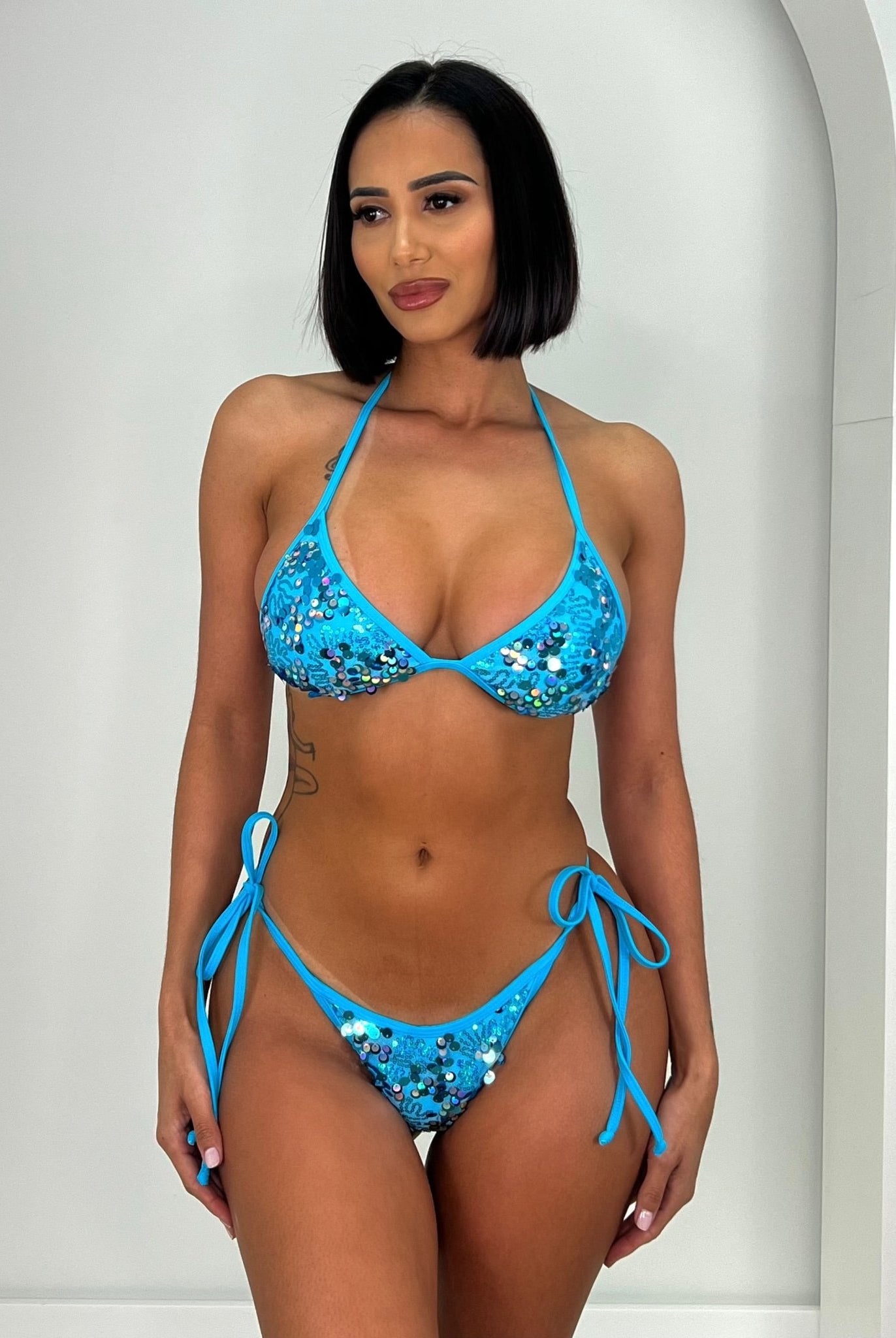 BEACHELLA TRIANGLE TOP - BLUE SEQUIN - Berry Beachy Swimwear
