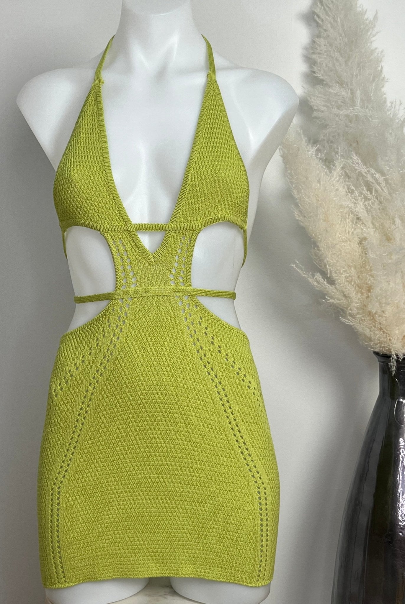 CROCHET BEACH MINI DRESS - LIME - Berry Beachy Swimwear