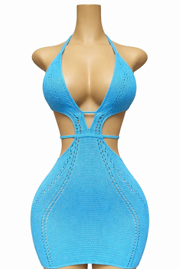CROCHET BEACH MINI DRESS - SKY BLUE - Berry Beachy Swimwear