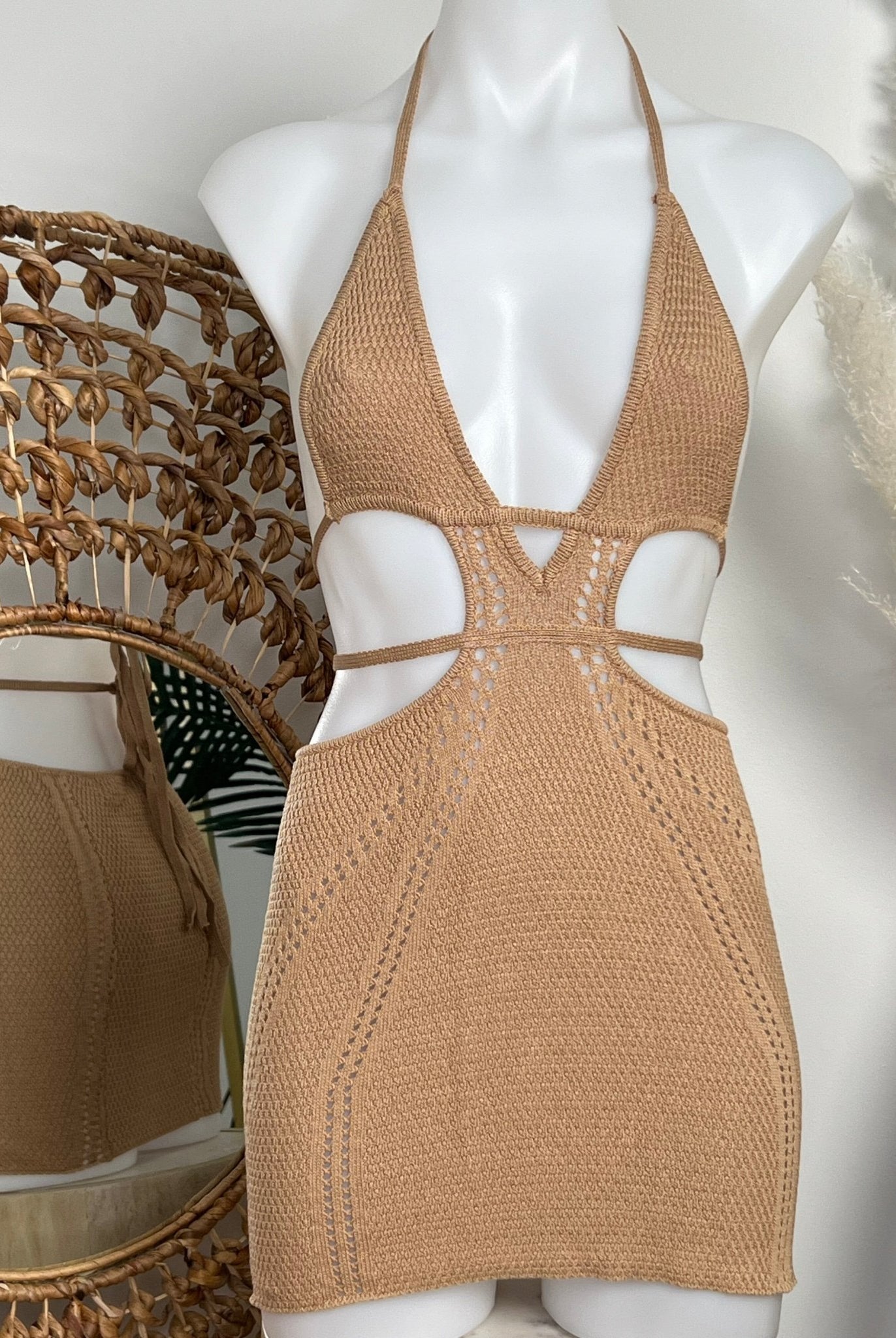 CROCHET BEACH MINI DRESS - TAN - Berry Beachy Swimwear