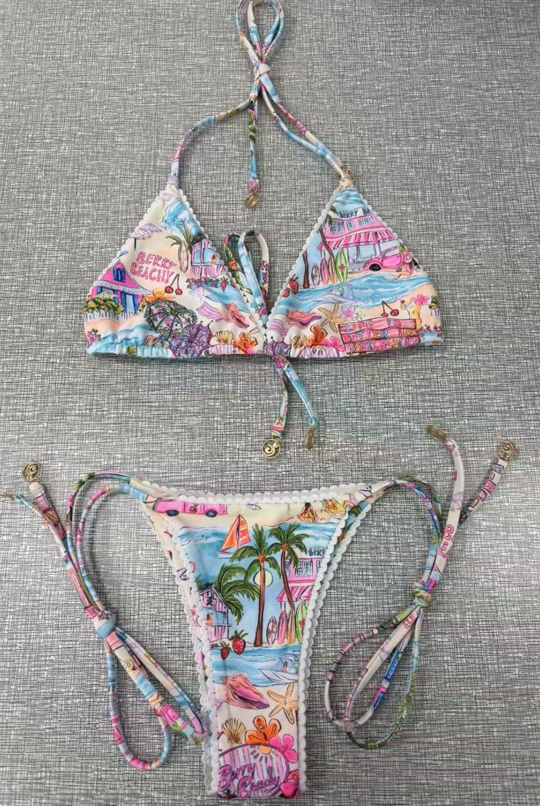 DENIM DAZE V CUT LINED THONG BOTTOM - Berry Beachy Swimwear