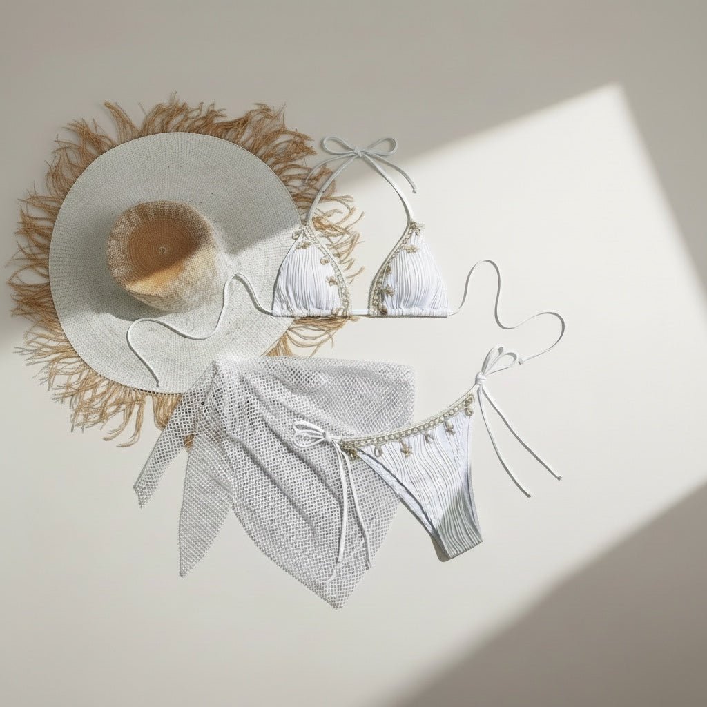 SEASHELL SIREN 3PC BIKINI SET - WHITE - Berry Beachy Swimwear