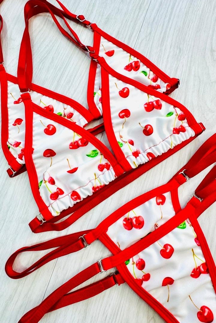 SUN KISSED TANNING BIKINI SET - CHERRY BOMB - Berry Beachy Swimwear