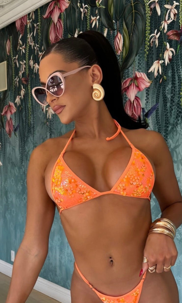 BEACHELLA MICRO TRIANGLE TOP - ORANGE SEQUIN - Berry Beachy Swimwear