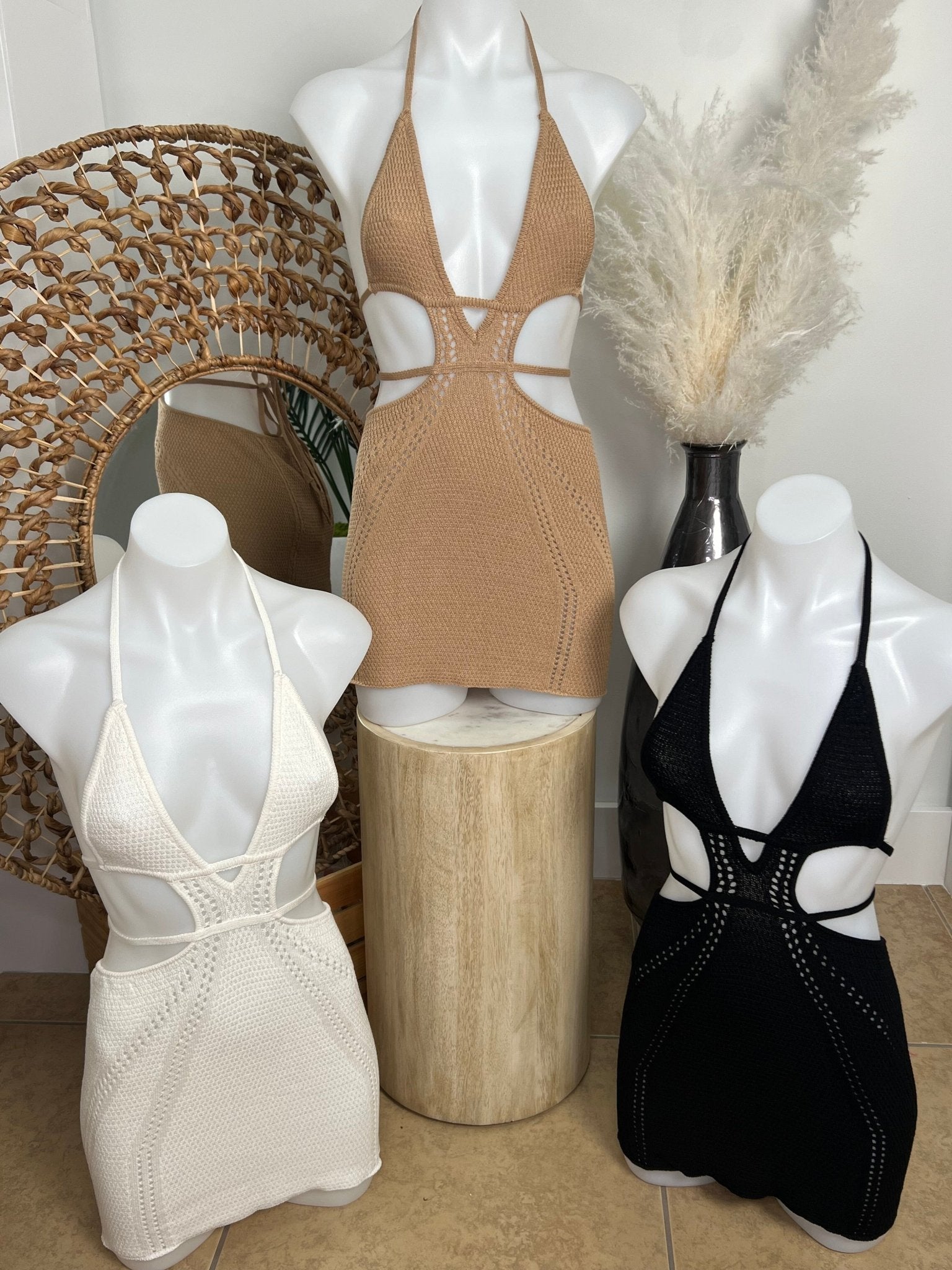 CROCHET BEACH MINI DRESS- TAN Berry Beachy Swimwear CROCHET BEACH MINI DRESS- TAN Berry Beachy Swimwear