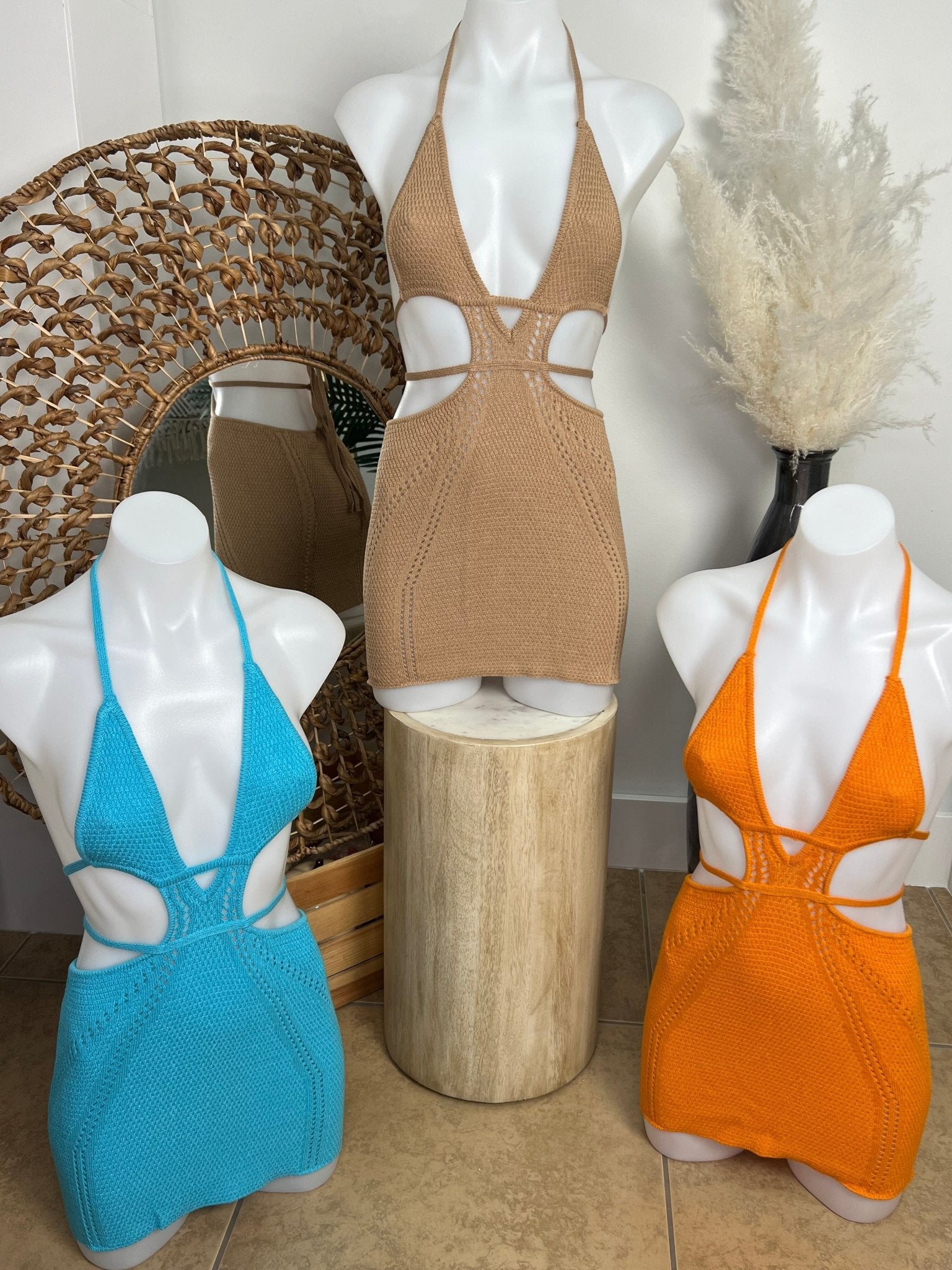 CROCHET BEACH MINI DRESS - TAN - Berry Beachy Swimwear