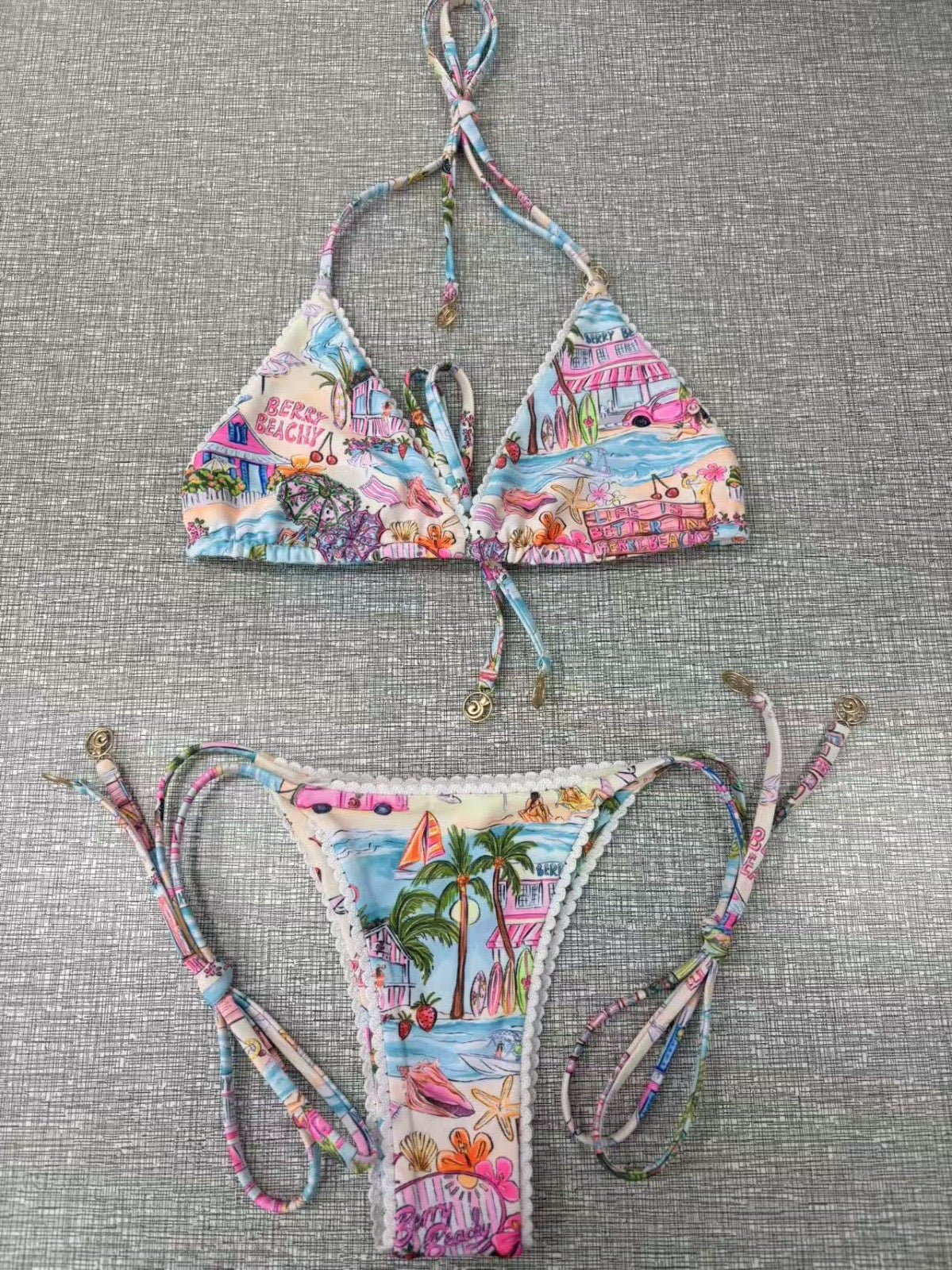 DENIM DAZE V CUT LINED THONG BOTTOM - Berry Beachy Swimwear