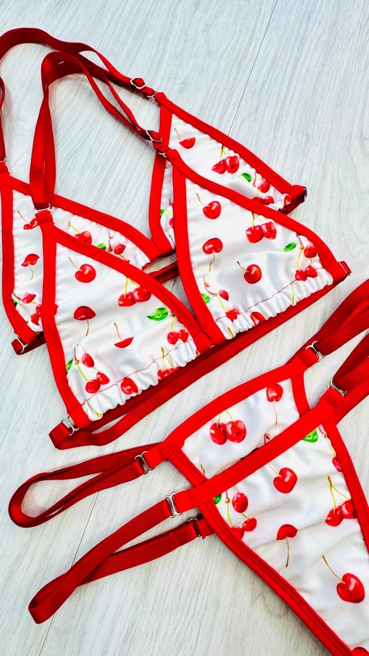 SUN KISSED TANNING BIKINI SET - CHERRY BOMB - Berry Beachy Swimwear