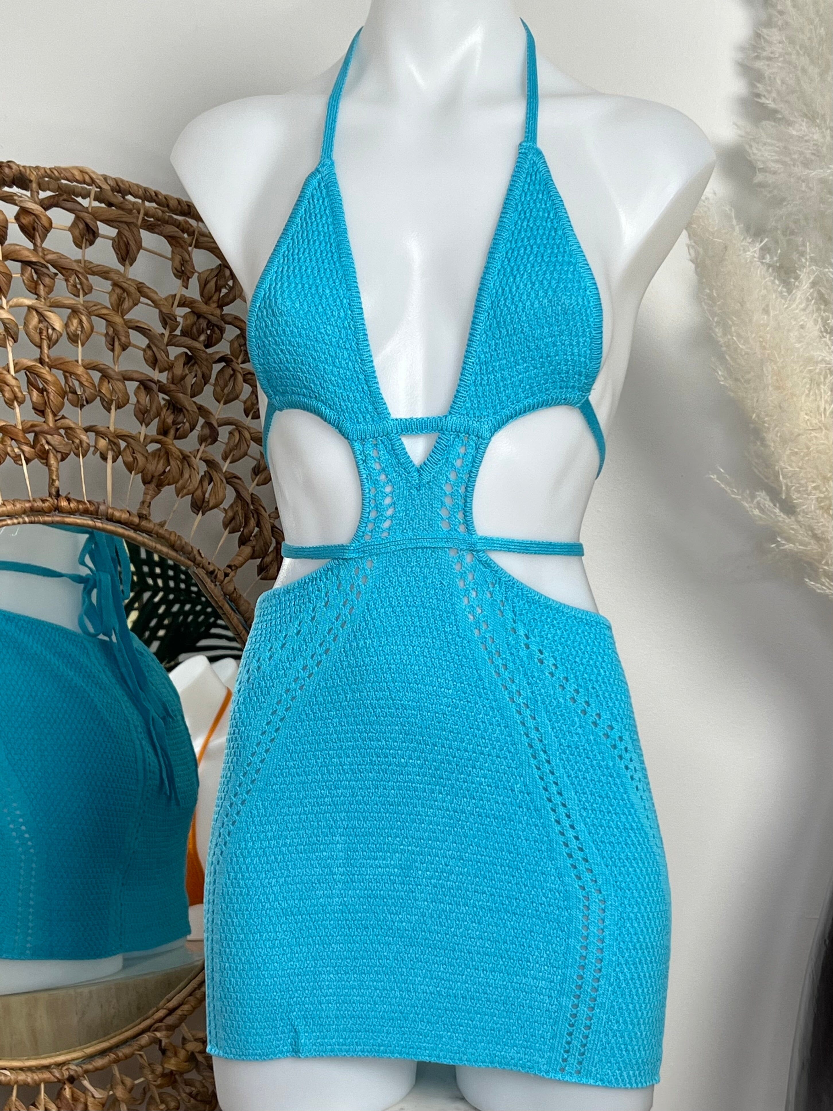 CROCHET BEACH MINI DRESS- SKY BLUE - Berry Beachy Swimwear