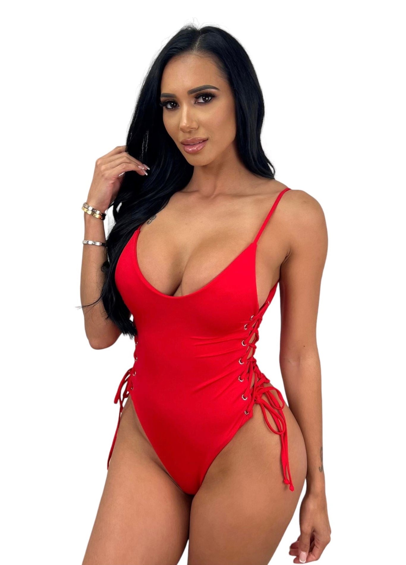 Haiti ruched strapless swimsuit, Red Mix